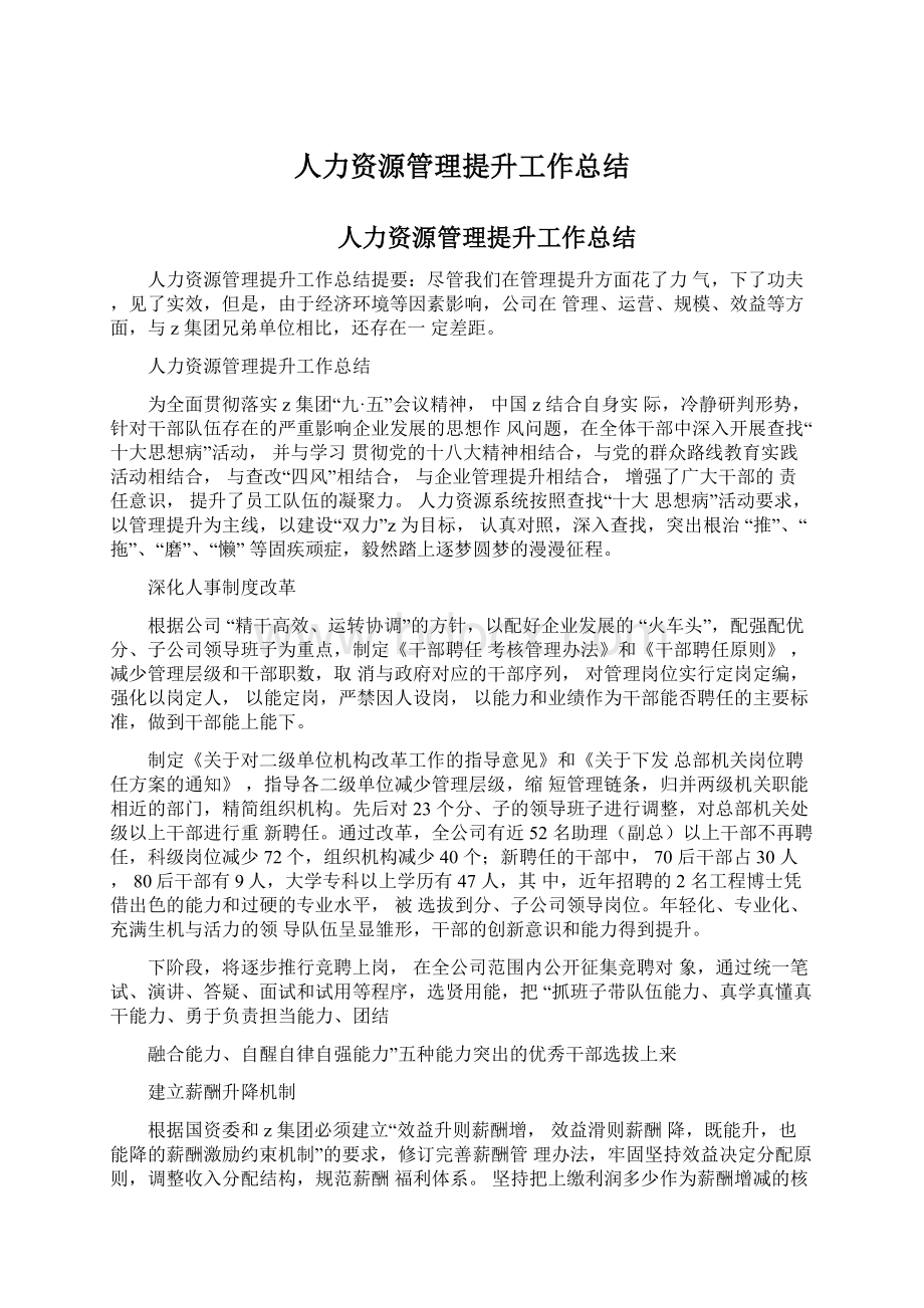 人力资源管理提升工作总结文档格式.docx