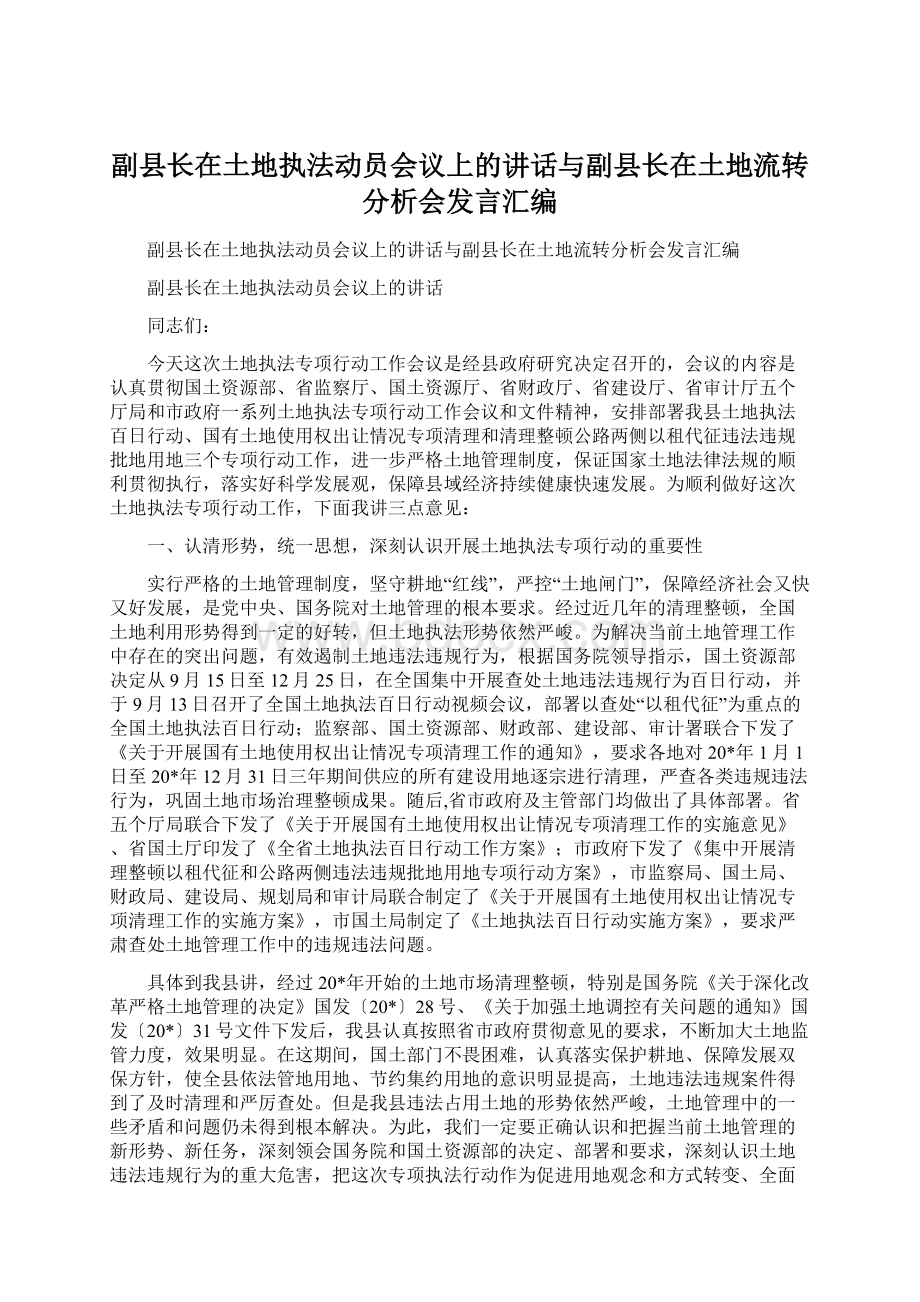 副县长在土地执法动员会议上的讲话与副县长在土地流转分析会发言汇编Word格式.docx