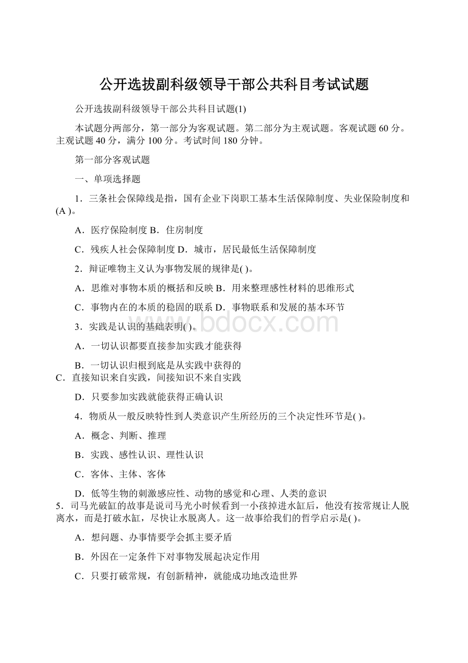 公开选拔副科级领导干部公共科目考试试题.docx_第1页