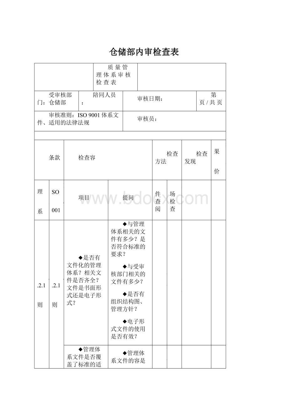 仓储部内审检查表.docx_第1页