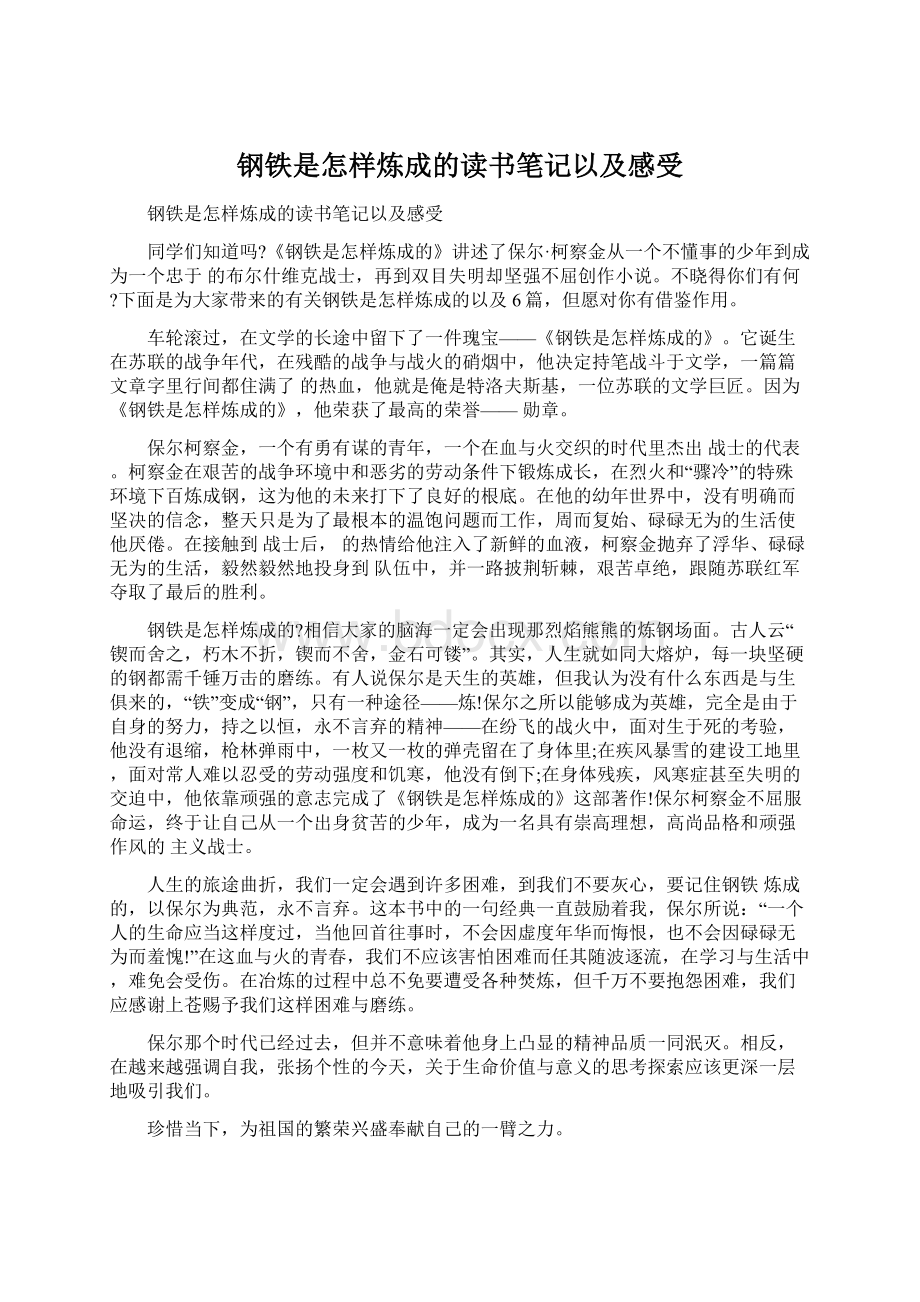 钢铁是怎样炼成的读书笔记以及感受Word文档下载推荐.docx