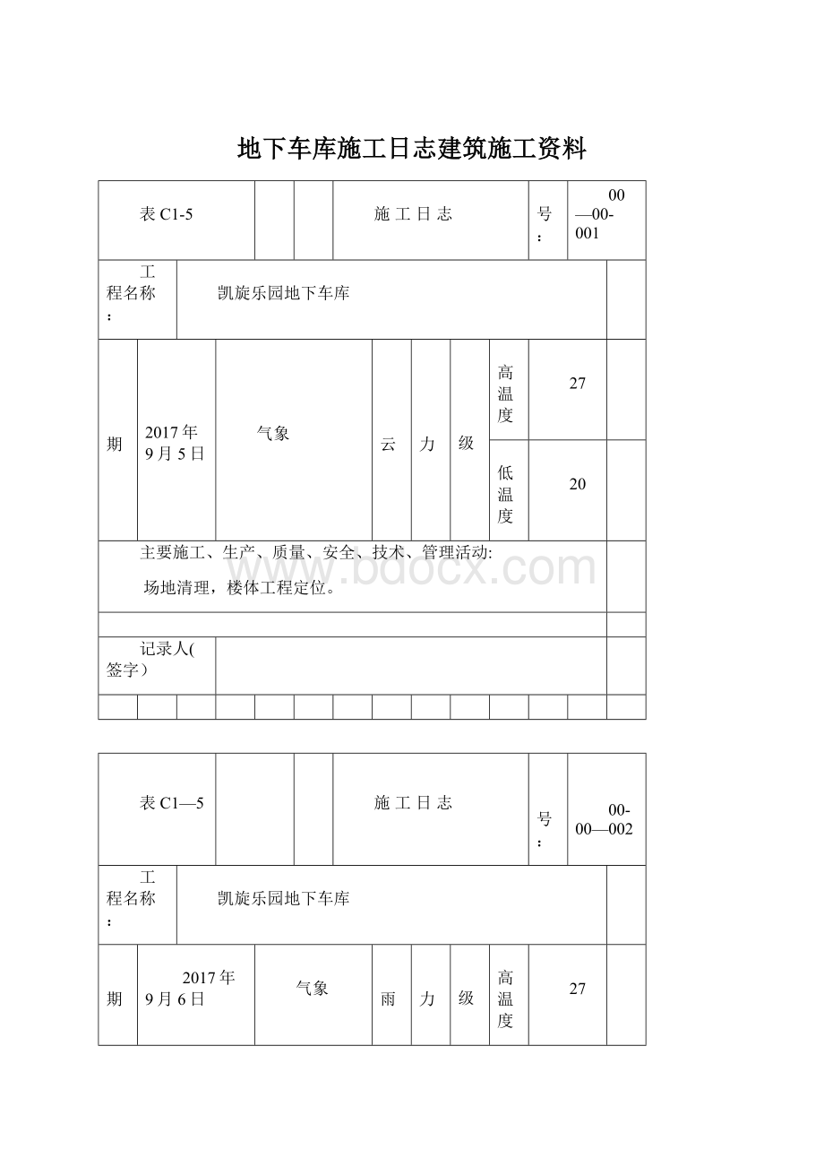 地下车库施工日志建筑施工资料Word文档格式.docx