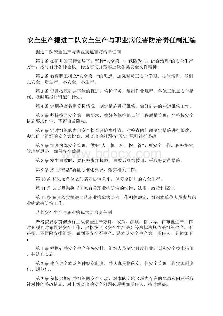 安全生产掘进二队安全生产与职业病危害防治责任制汇编Word文档格式.docx