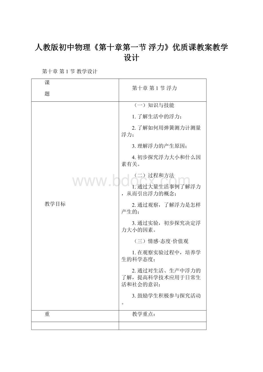 人教版初中物理《第十章第一节 浮力》优质课教案教学设计Word格式文档下载.docx_第1页