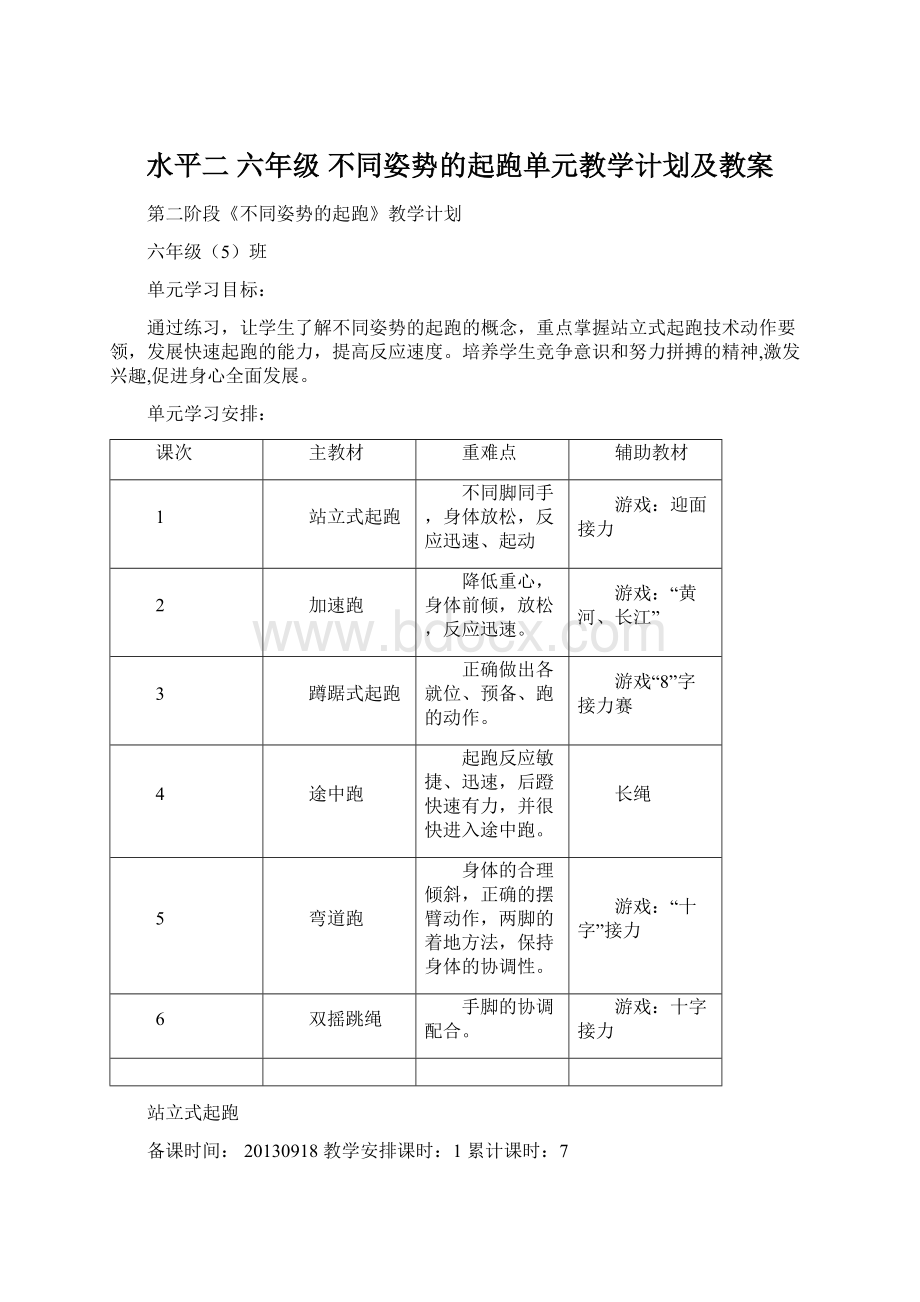 水平二 六年级 不同姿势的起跑单元教学计划及教案.docx_第1页