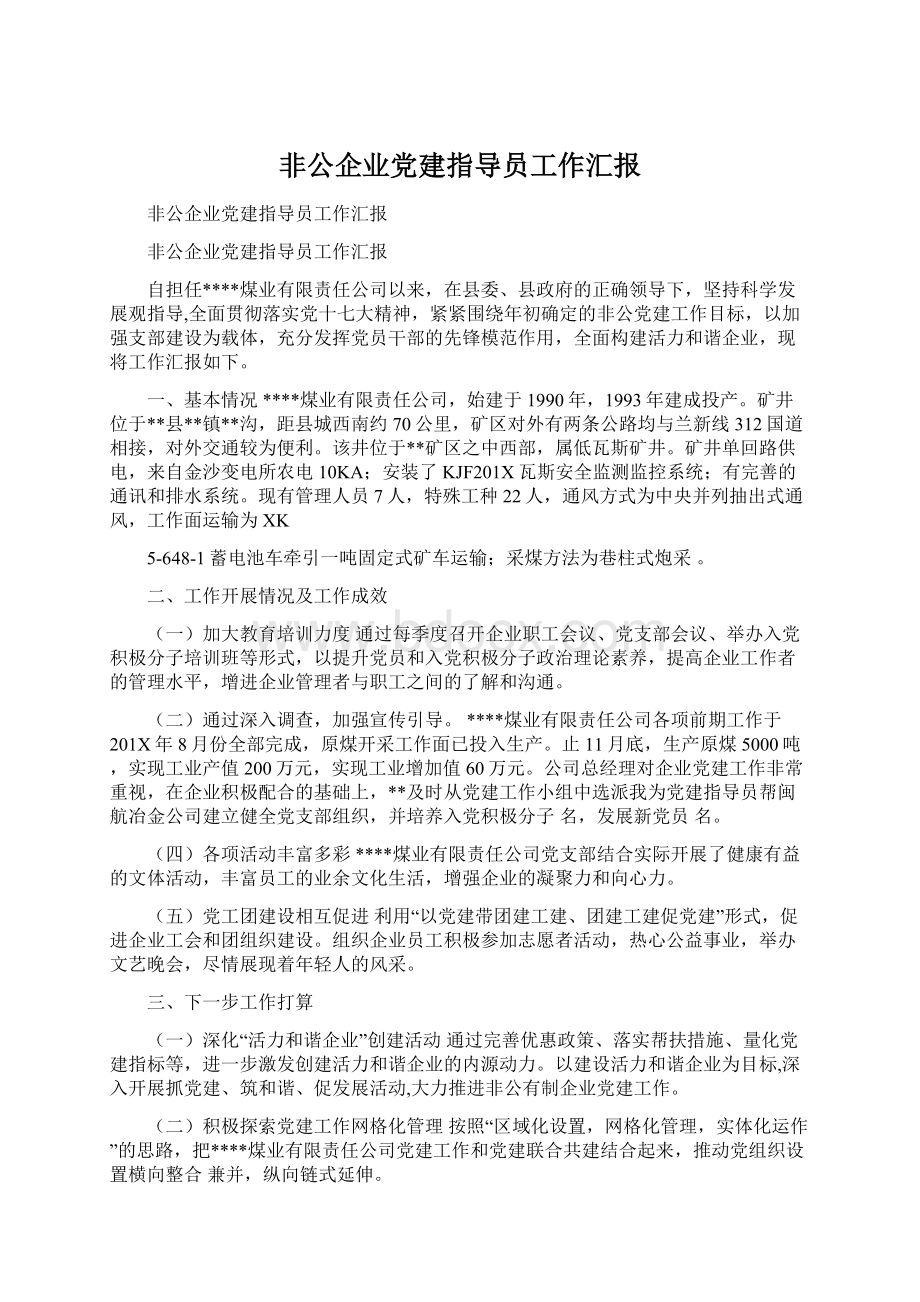 非公企业党建指导员工作汇报.docx_第1页