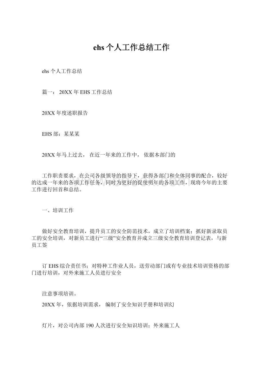 ehs个人工作总结工作Word格式.docx