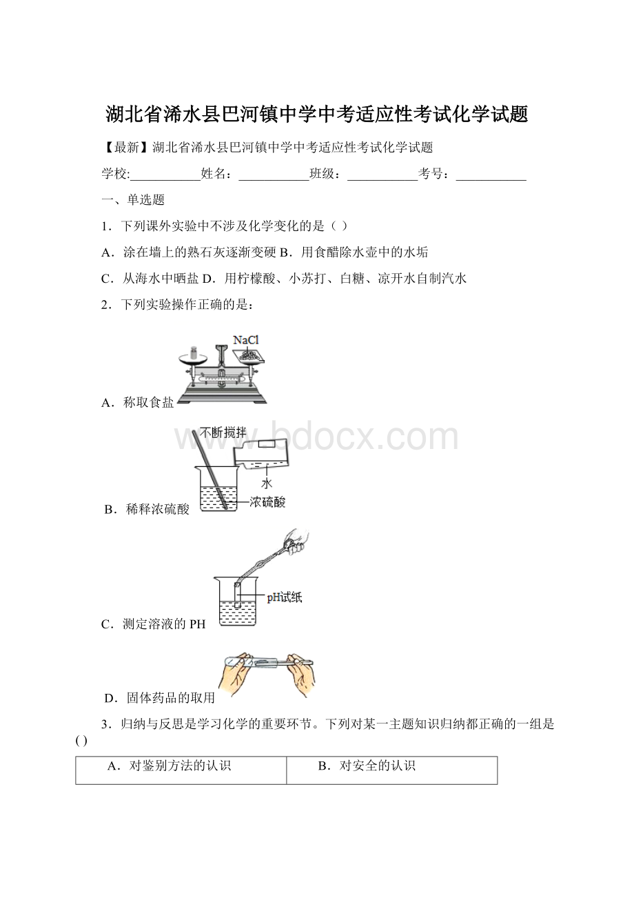 湖北省浠水县巴河镇中学中考适应性考试化学试题Word文档下载推荐.docx