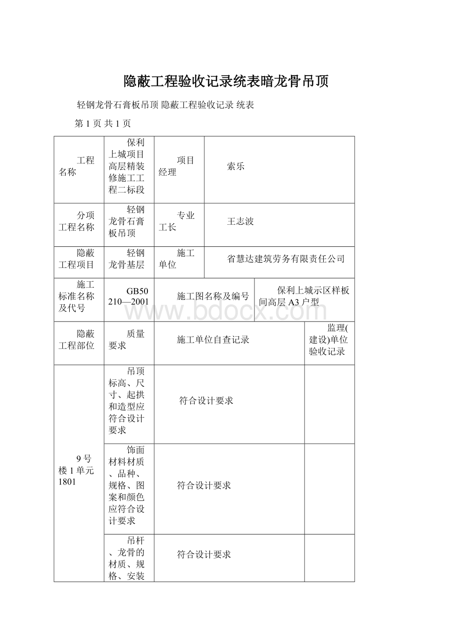 隐蔽工程验收记录统表暗龙骨吊顶.docx_第1页