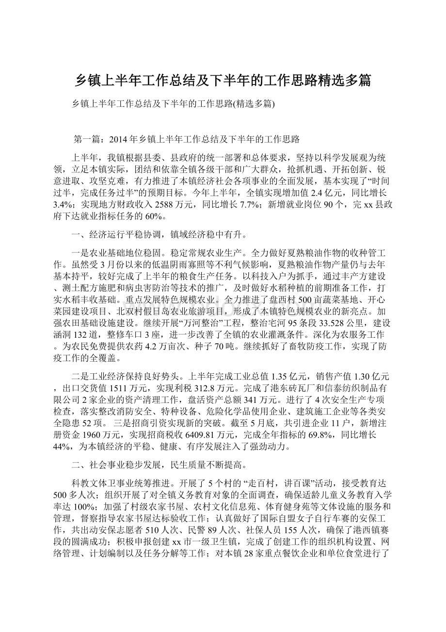 乡镇上半年工作总结及下半年的工作思路精选多篇.docx_第1页