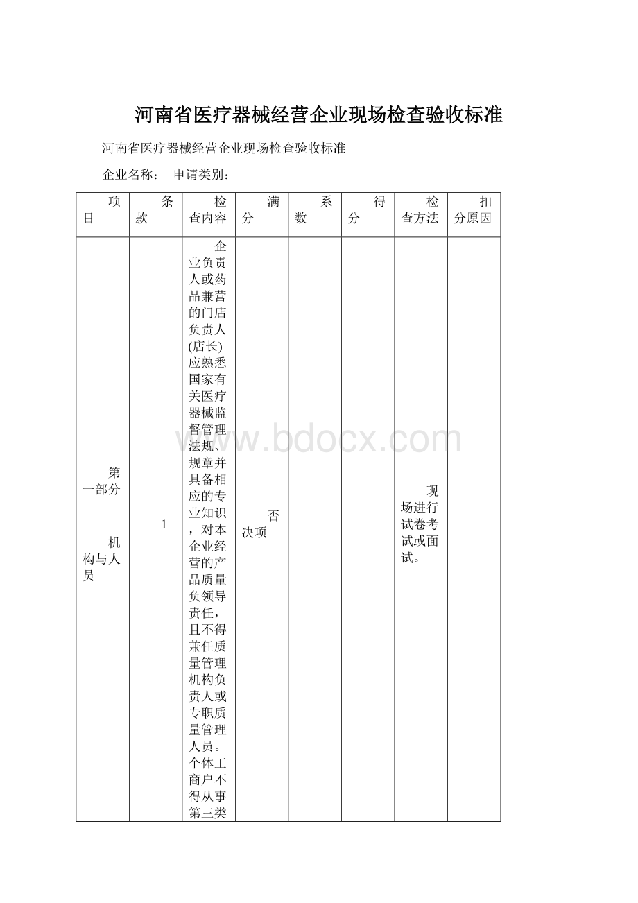 河南省医疗器械经营企业现场检查验收标准Word文档格式.docx_第1页