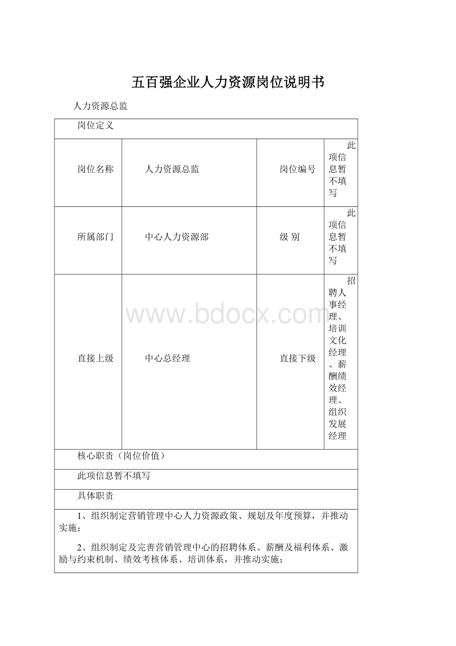 五百强企业人力资源岗位说明书.docx_第1页