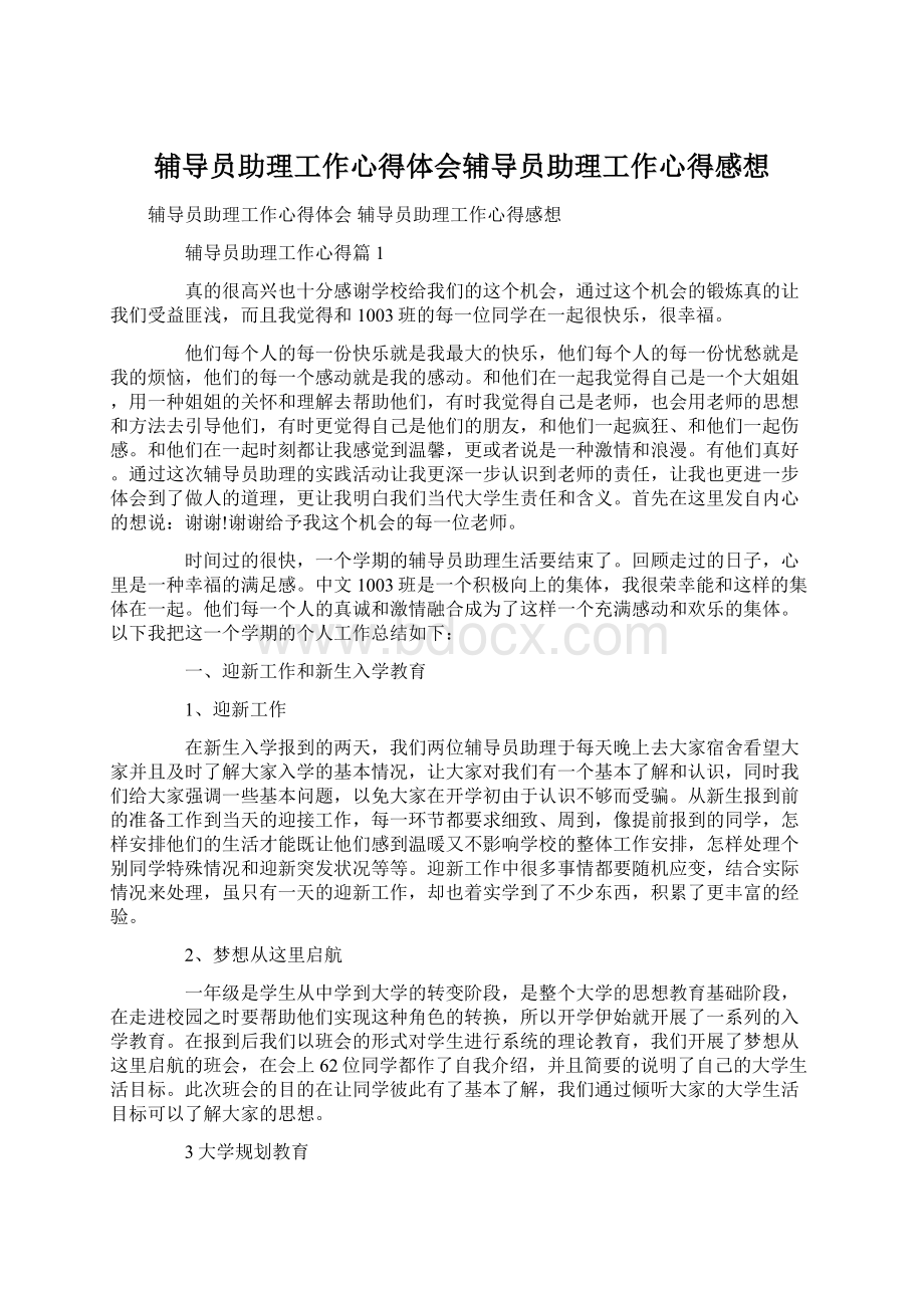 辅导员助理工作心得体会辅导员助理工作心得感想.docx_第1页