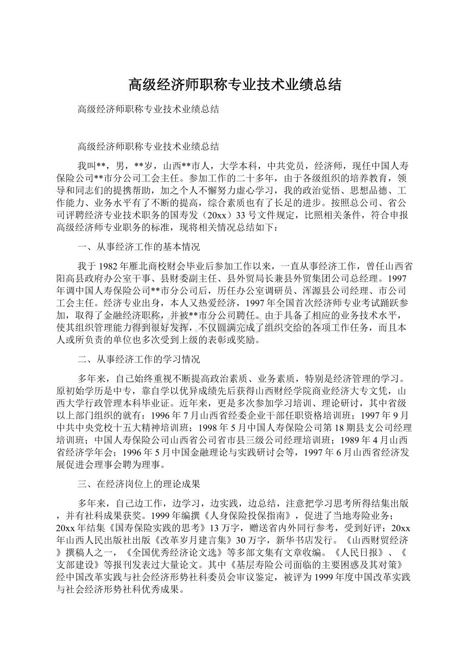 高级经济师职称专业技术业绩总结Word格式.docx