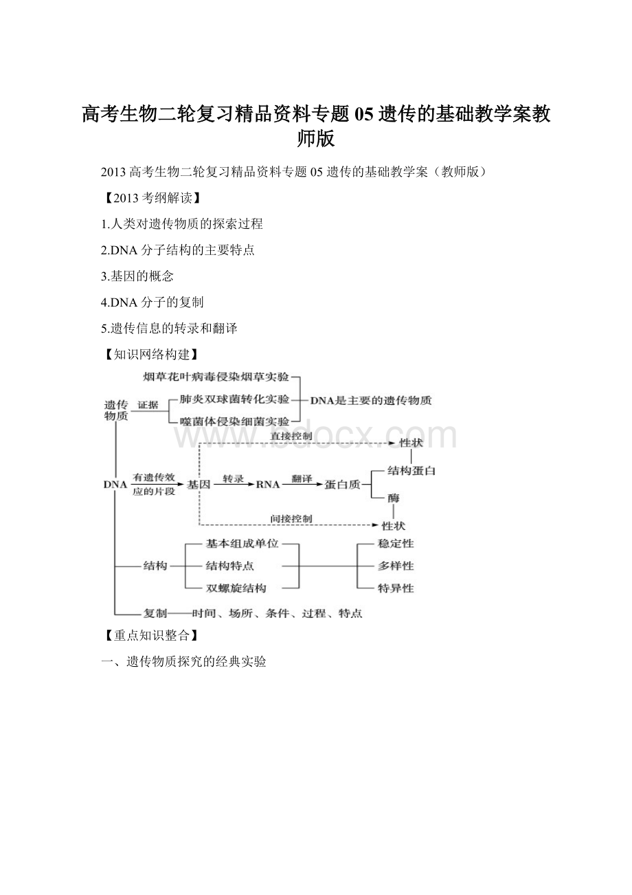 高考生物二轮复习精品资料专题05 遗传的基础教学案教师版.docx_第1页