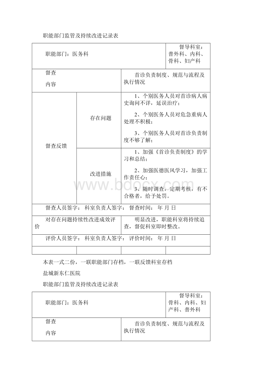 医院职能部门监管及持续改进记录表之欧阳家百创编.docx_第2页