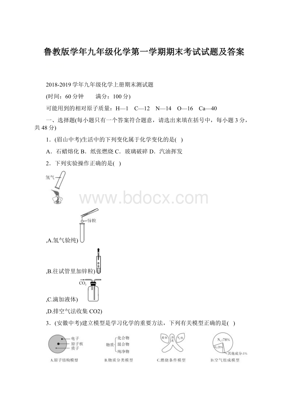 鲁教版学年九年级化学第一学期期末考试试题及答案.docx