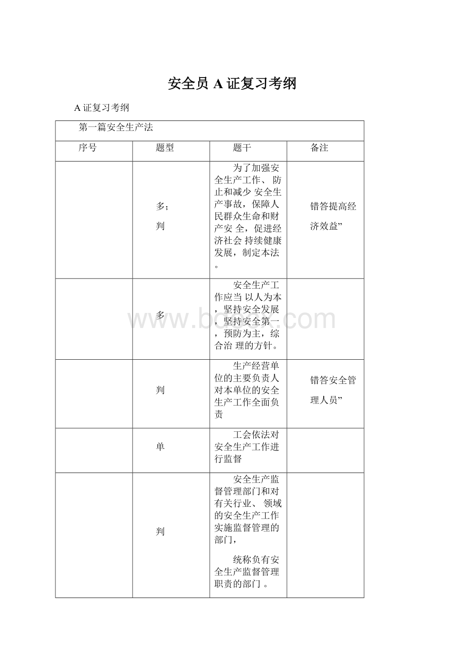 安全员A证复习考纲Word文档下载推荐.docx