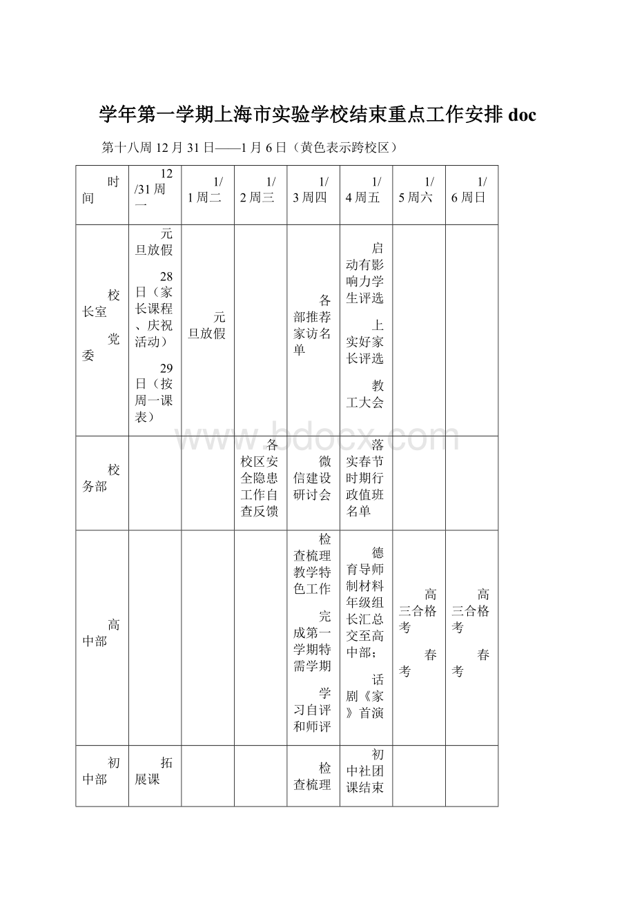 学年第一学期上海市实验学校结束重点工作安排doc文档格式.docx_第1页