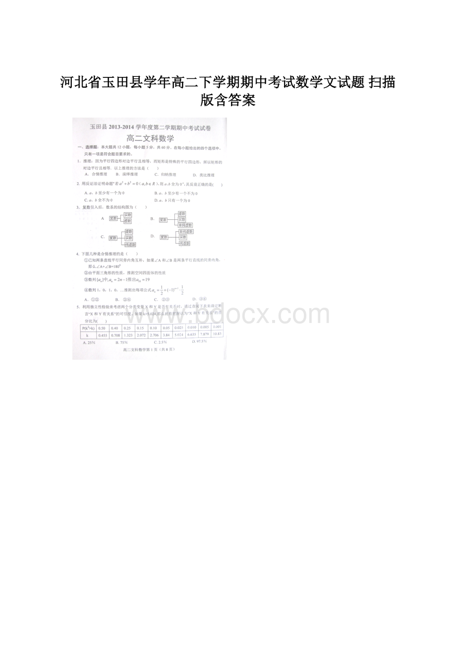 河北省玉田县学年高二下学期期中考试数学文试题 扫描版含答案.docx_第1页