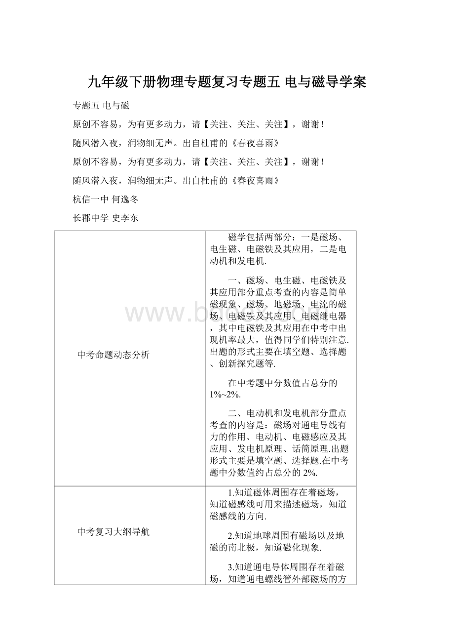 九年级下册物理专题复习专题五 电与磁导学案.docx_第1页