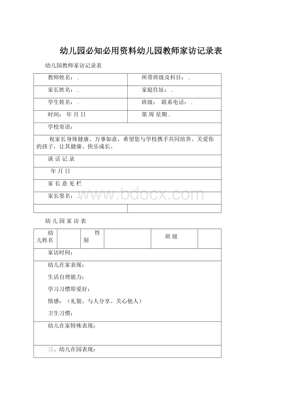 幼儿园必知必用资料幼儿园教师家访记录表Word文档格式.docx