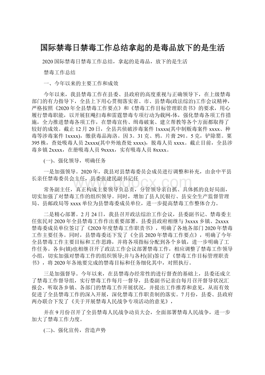 国际禁毒日禁毒工作总结拿起的是毒品放下的是生活.docx_第1页