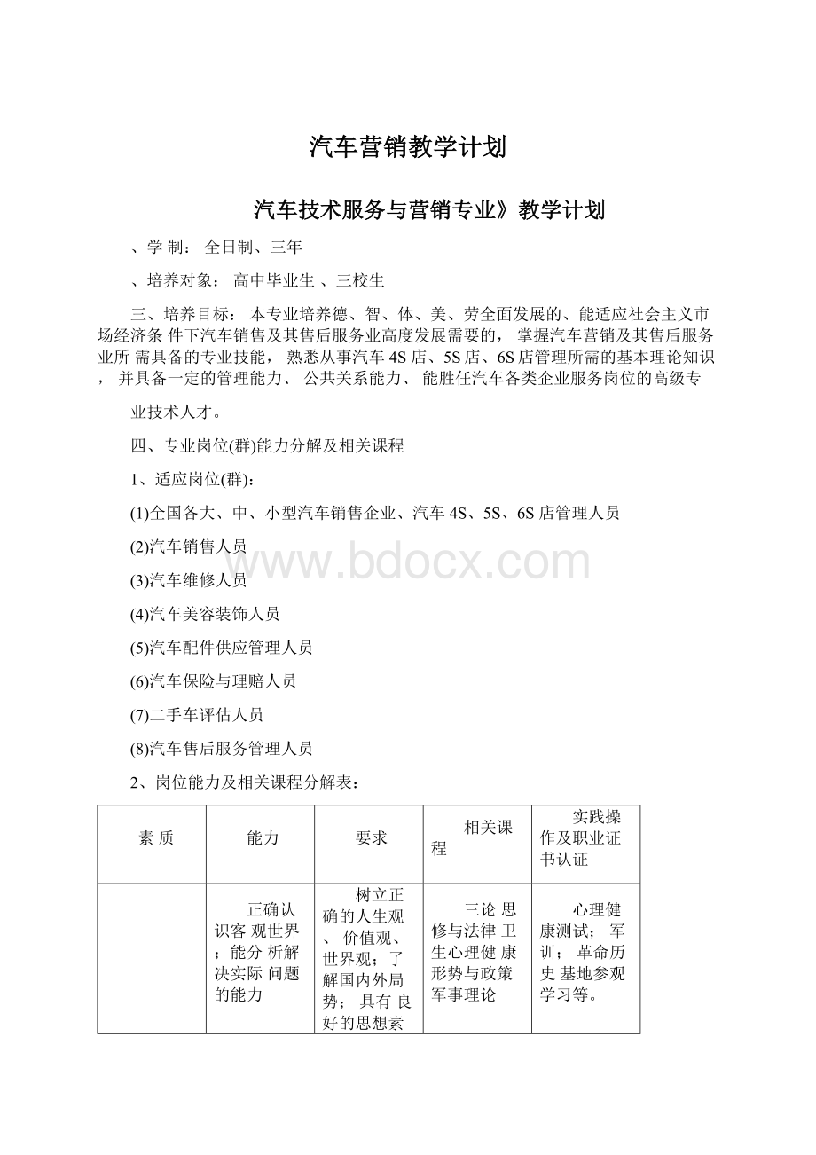 汽车营销教学计划Word文档下载推荐.docx