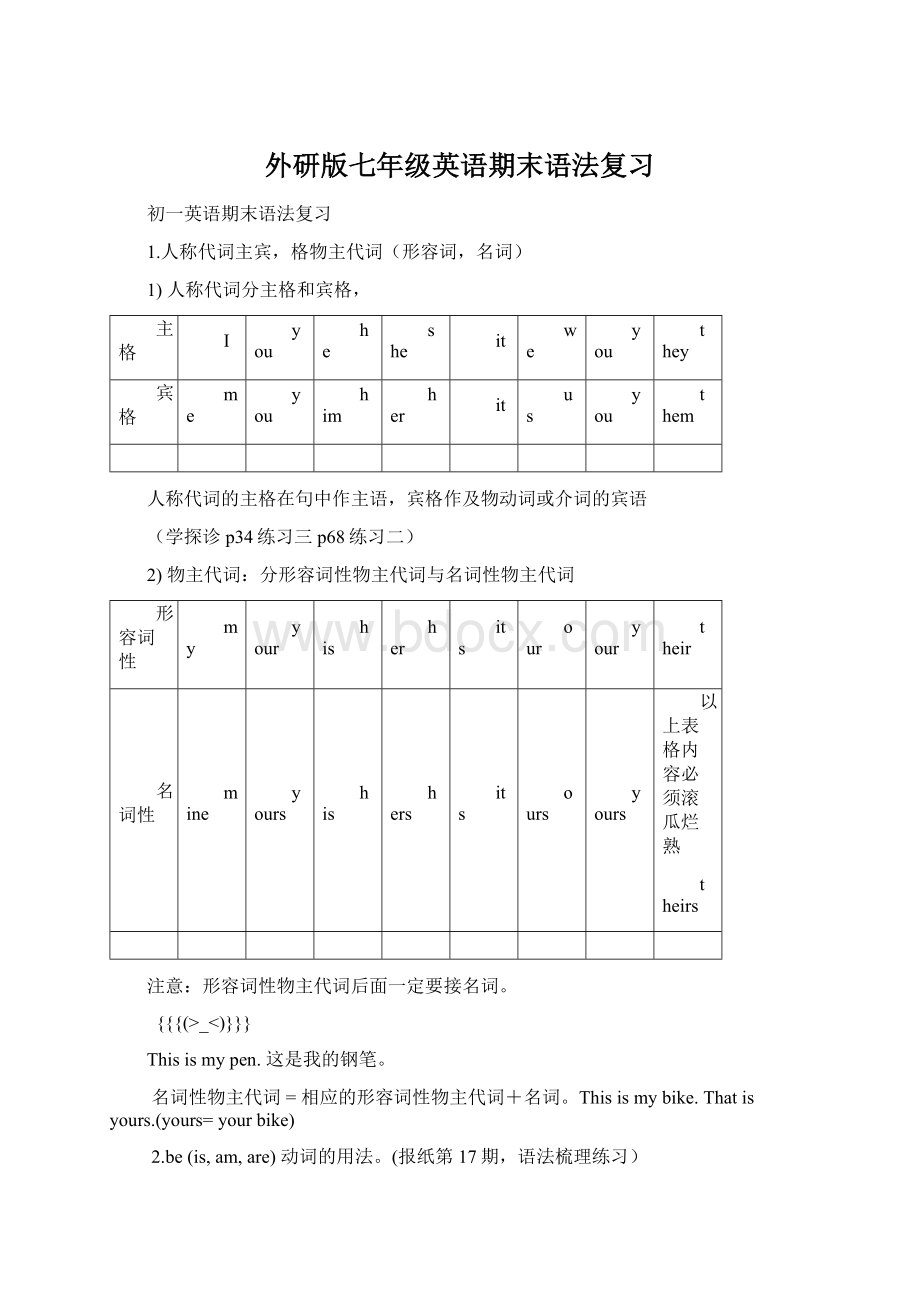 外研版七年级英语期末语法复习Word文档格式.docx_第1页