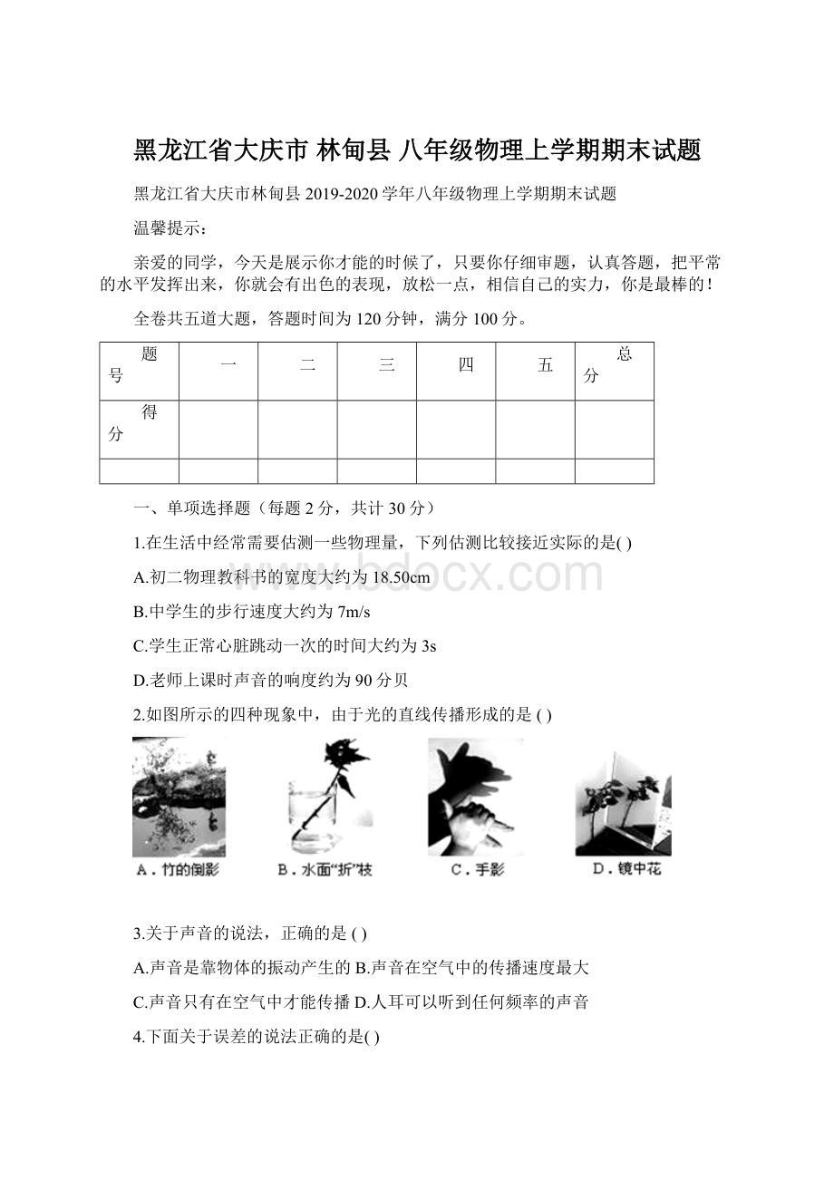 黑龙江省大庆市 林甸县 八年级物理上学期期末试题.docx_第1页