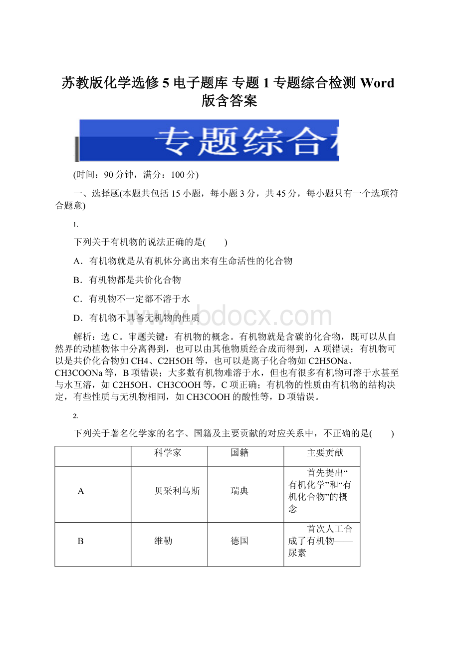 苏教版化学选修5电子题库 专题1专题综合检测 Word版含答案.docx_第1页