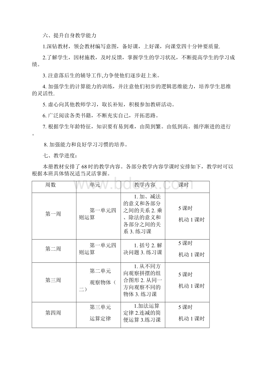 新人教部编版四年级数学下册教学计划及进度表6篇Word格式文档下载.docx_第3页