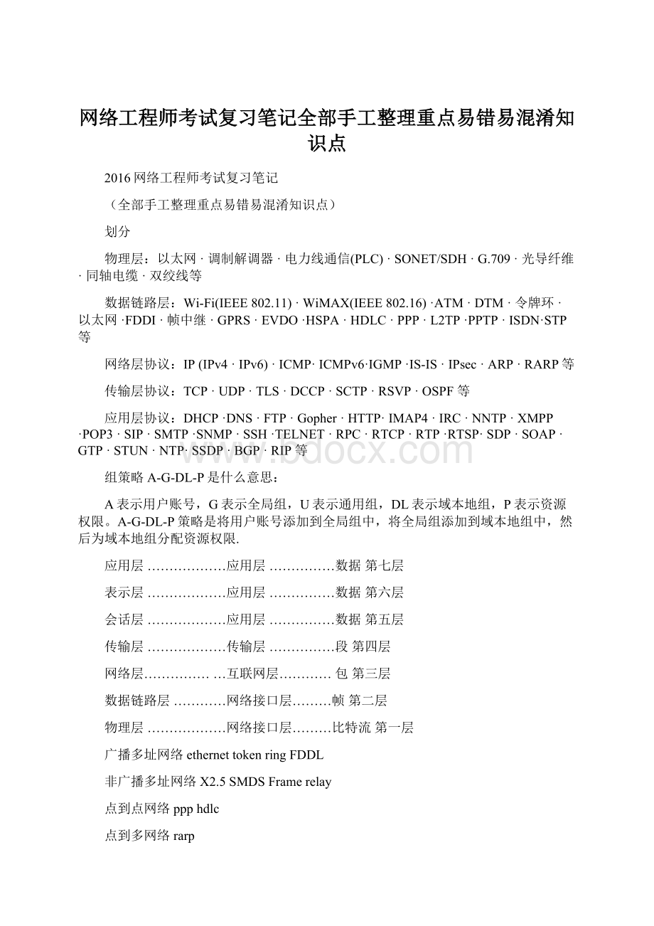 网络工程师考试复习笔记全部手工整理重点易错易混淆知识点文档格式.docx