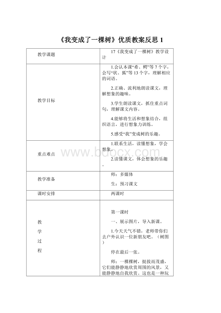 《我变成了一棵树》优质教案反思1Word文档格式.docx