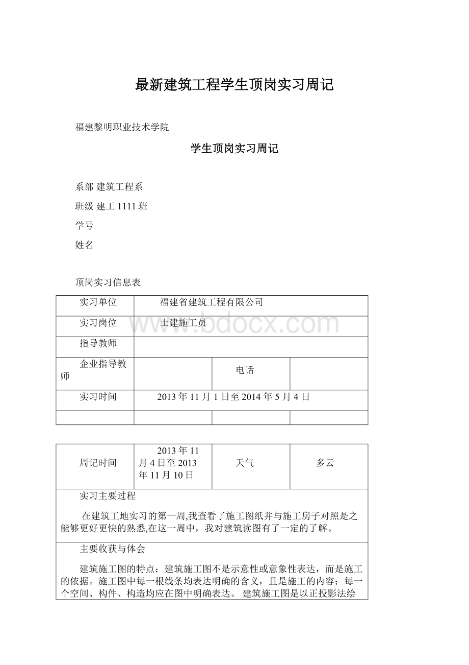 最新建筑工程学生顶岗实习周记Word格式文档下载.docx