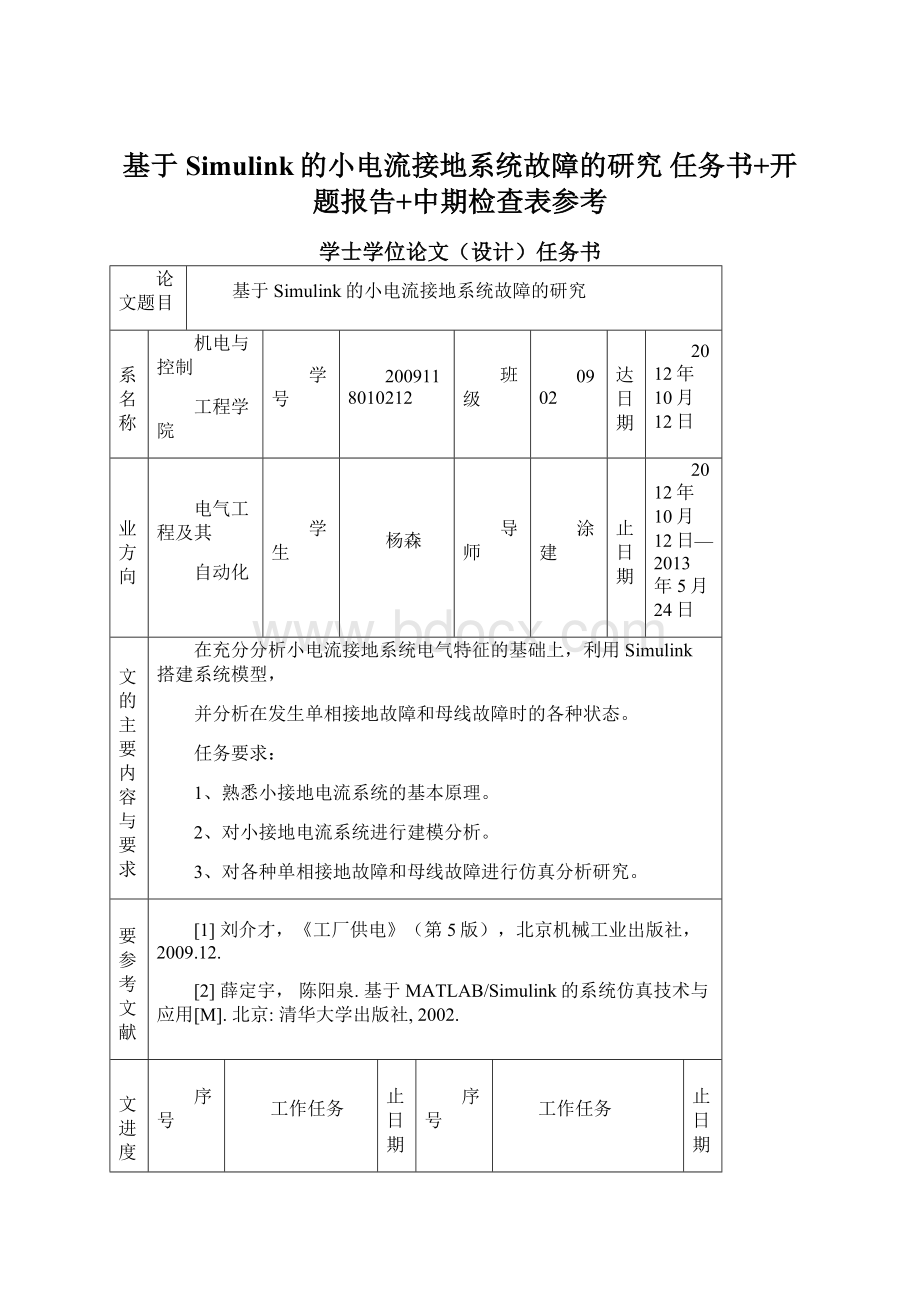 基于Simulink的小电流接地系统故障的研究 任务书+开题报告+中期检查表参考Word格式文档下载.docx_第1页