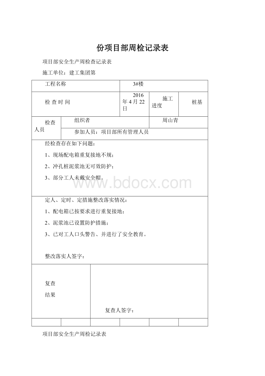 份项目部周检记录表.docx_第1页