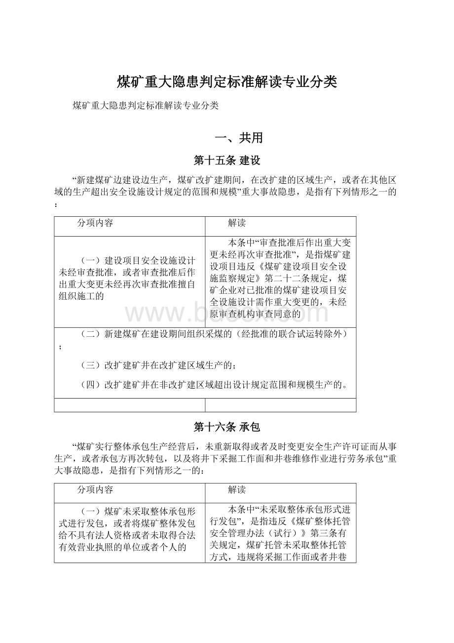 煤矿重大隐患判定标准解读专业分类.docx_第1页