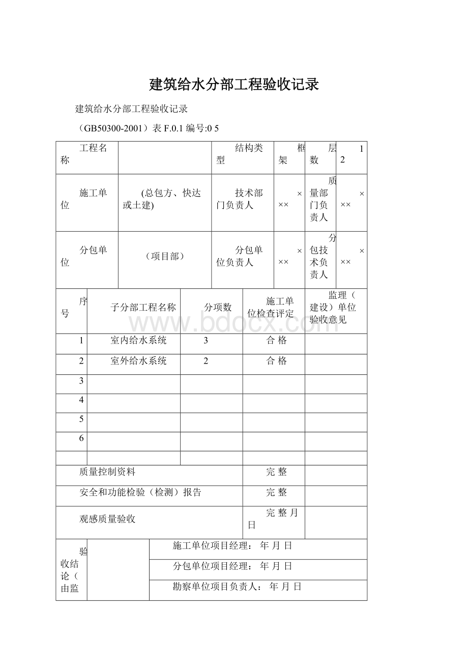 建筑给水分部工程验收记录.docx_第1页