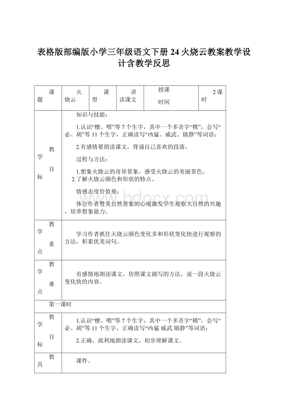 表格版部编版小学三年级语文下册24火烧云教案教学设计含教学反思Word下载.docx_第1页