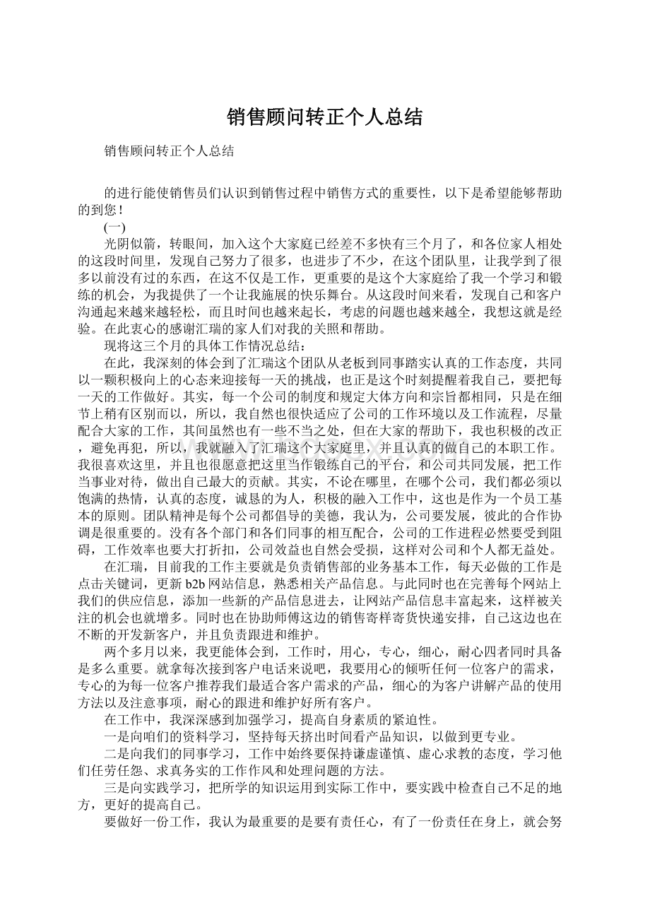 销售顾问转正个人总结Word下载.docx