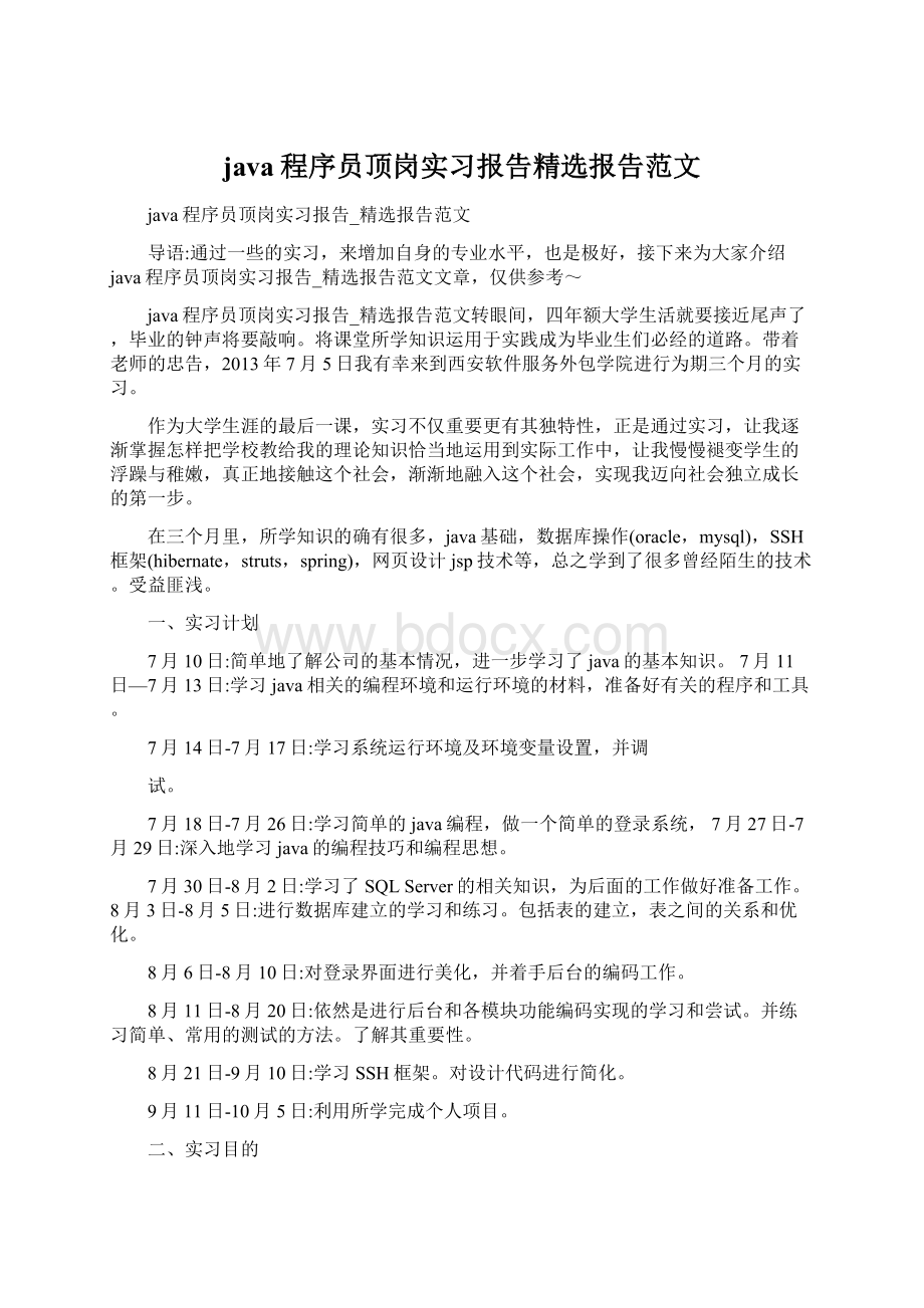 java程序员顶岗实习报告精选报告范文.docx_第1页