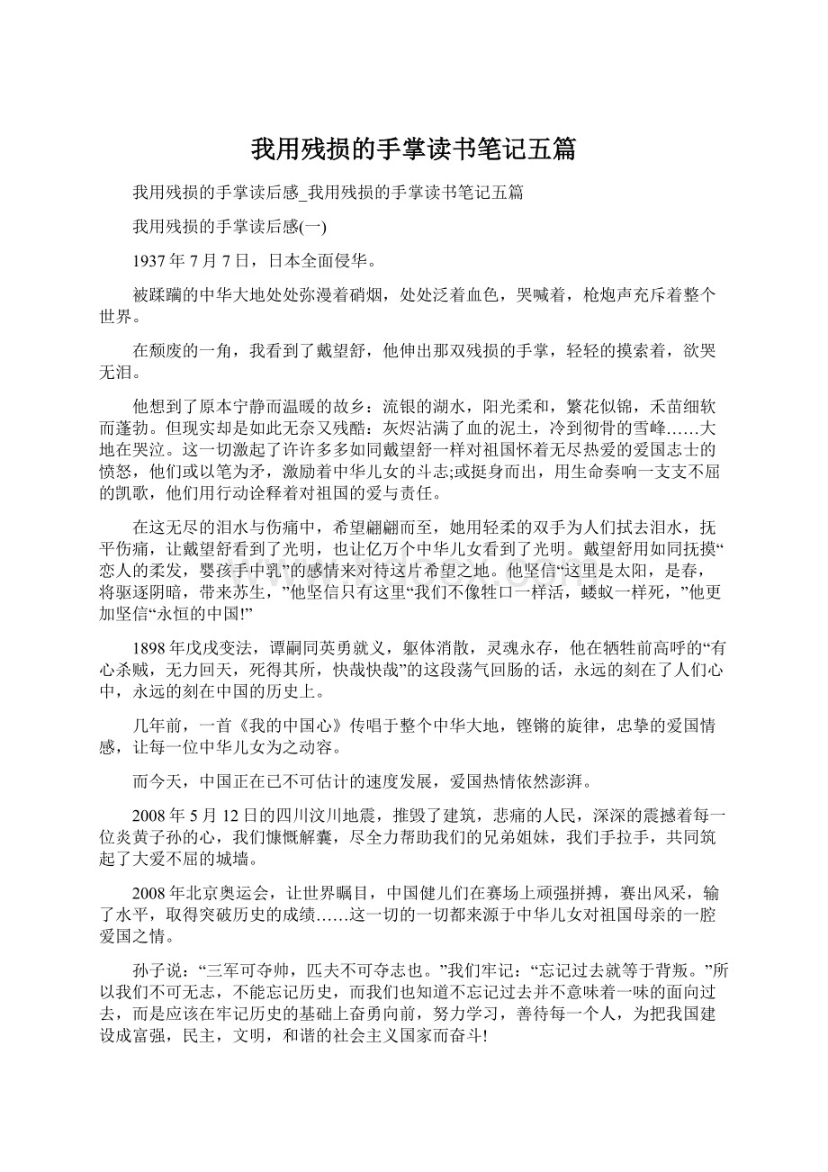 我用残损的手掌读书笔记五篇Word文档下载推荐.docx