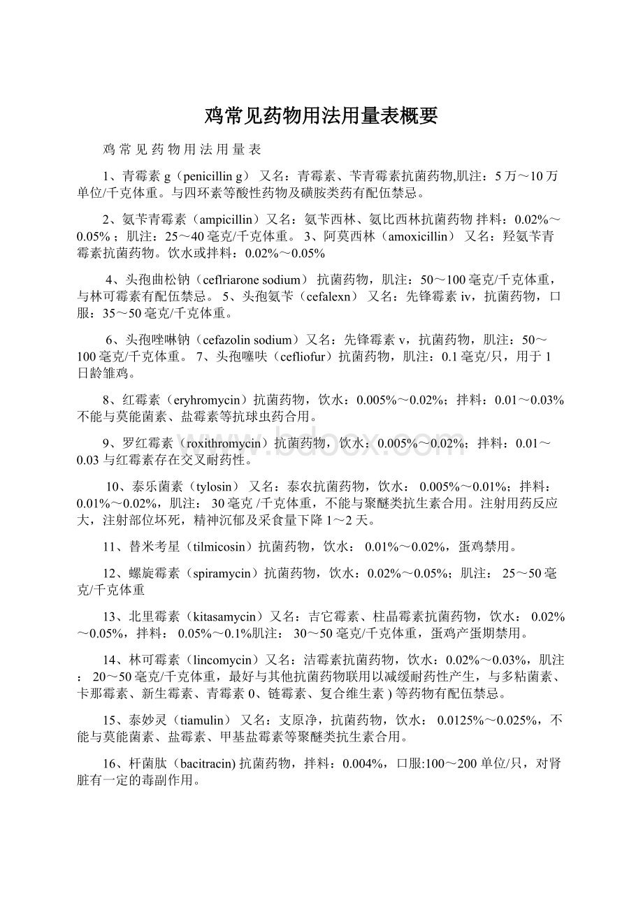 鸡常见药物用法用量表概要文档格式.docx_第1页