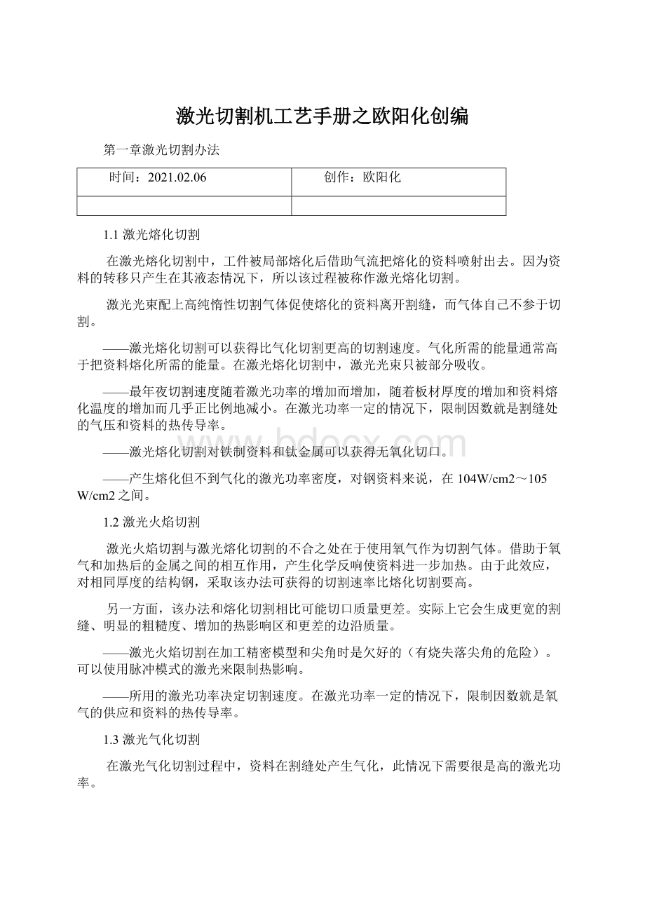 激光切割机工艺手册之欧阳化创编Word下载.docx