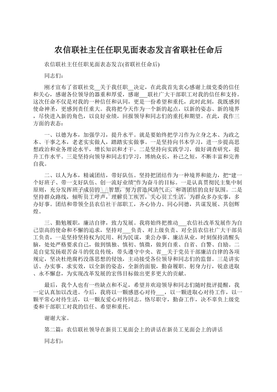 农信联社主任任职见面表态发言省联社任命后Word文档格式.docx