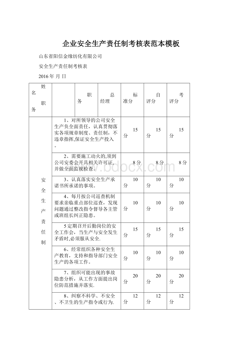 企业安全生产责任制考核表范本模板Word格式.docx_第1页