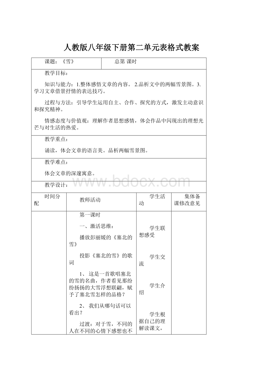 人教版八年级下册第二单元表格式教案Word下载.docx