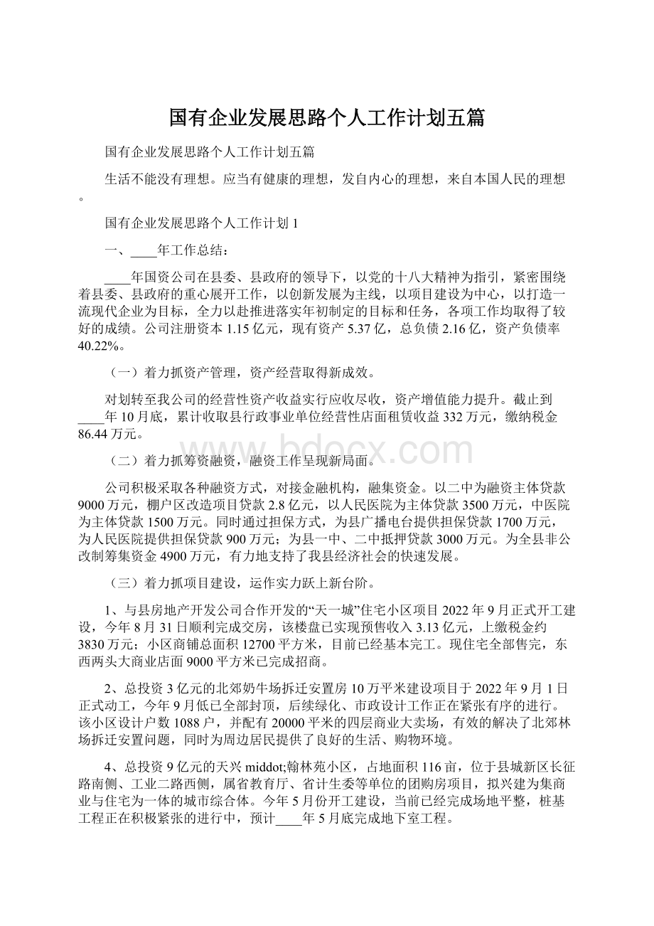 国有企业发展思路个人工作计划五篇Word格式.docx