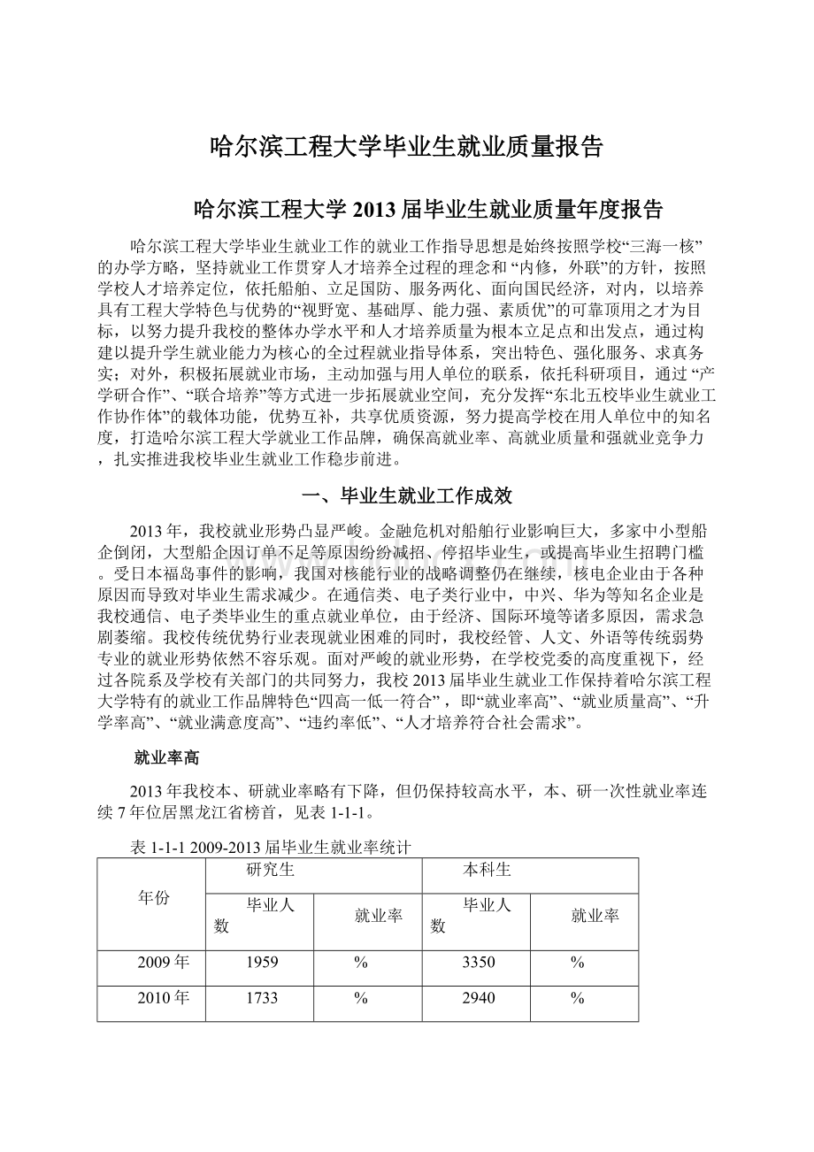 哈尔滨工程大学毕业生就业质量报告Word下载.docx